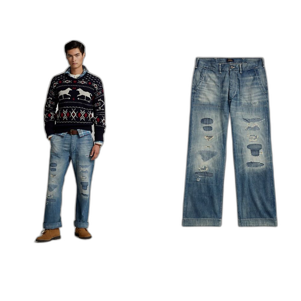 Polo Ralph Lauren Classic Fit Distressed Jeans Mens Pants Blue Patchwork Relaxed